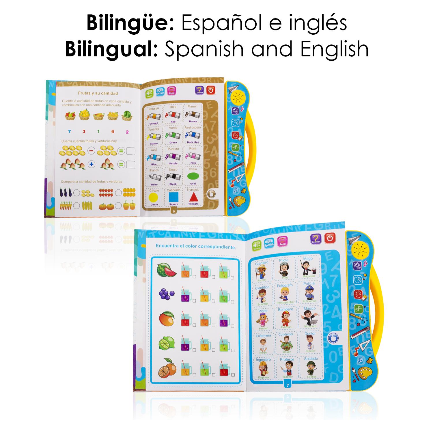 Libro de Estudio, libro electrónico educativo con sonidos, bilingüe en español e inglés. Actividades matemáticas, lengua, creativas.