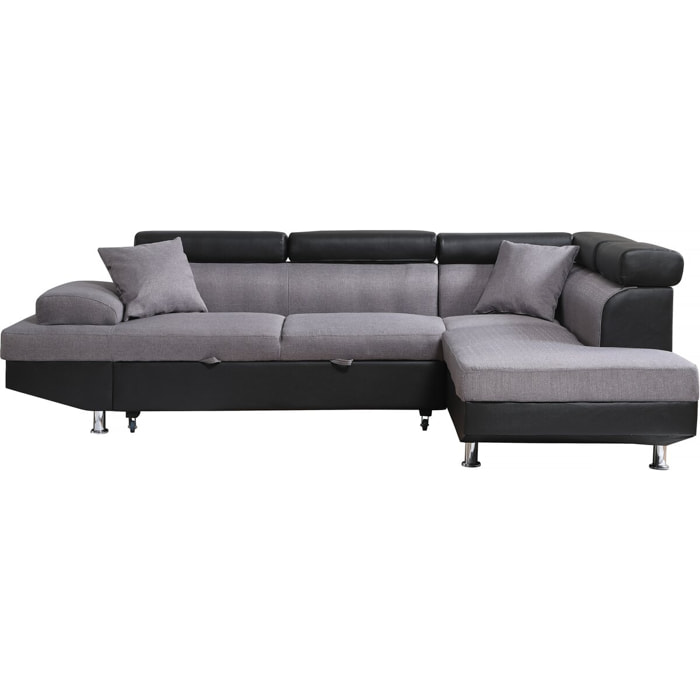 Canapé d'angle convertible "Sophia luxe" - 265 x 190.5 x 80/91 cm - Noir / Gris - 5 places - Angle droit