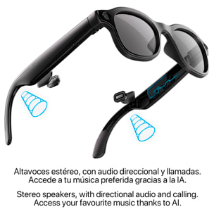 Occhiali intelligenti W93 con fotocamera da 8 MP per foto e video a 1200p. 16 GB di memoria interna. Traduttore in tempo reale con assistente vocale intelligente e 3 tipi di lenti.