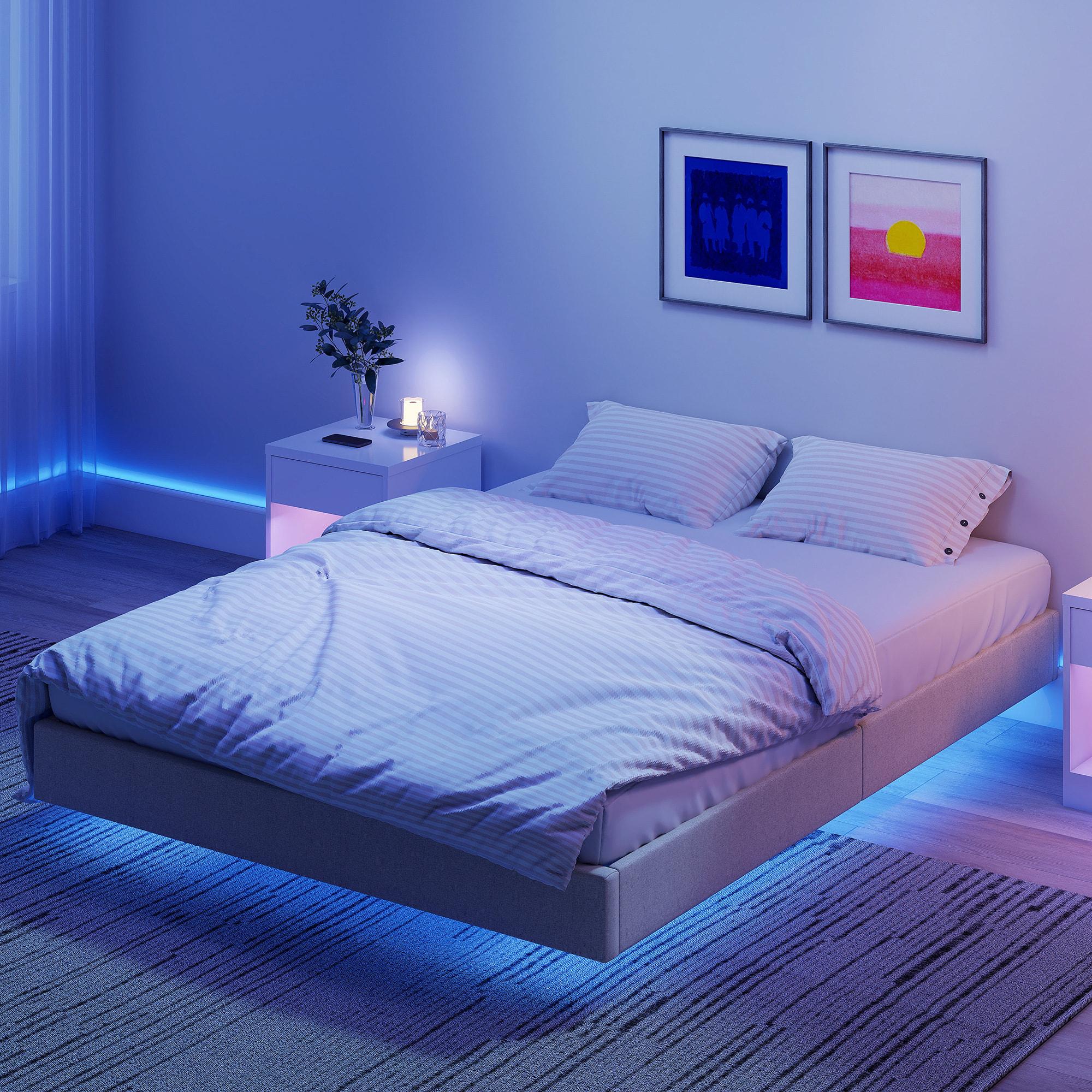 Cadre de lit flottant LED 140x190cm sommier à lattes en bois intégré revêtement tissu beige