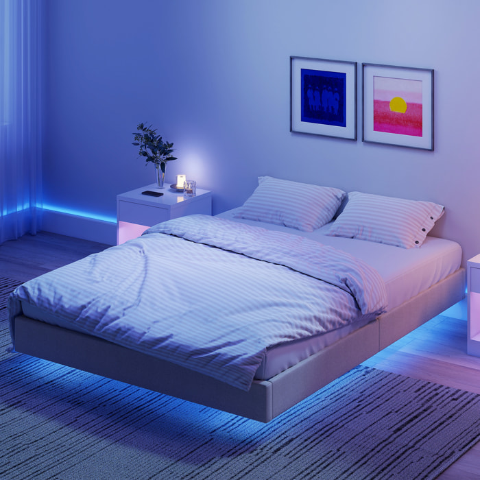 Cadre de lit flottant LED 140x190cm sommier à lattes en bois intégré revêtement tissu beige