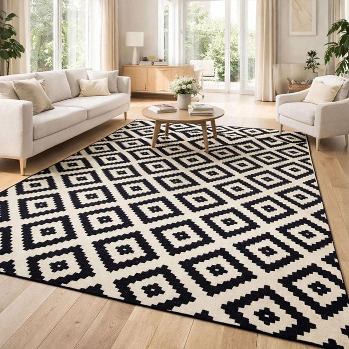 Tapis Kihe Noir et blanc motif géométrique scandinave