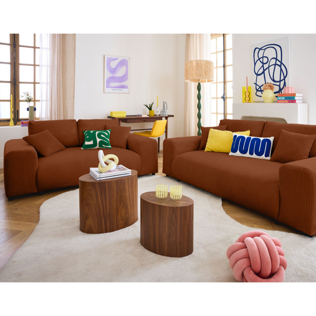 Garance - canapé droit 3 places - en velours côtelé - Terracotta