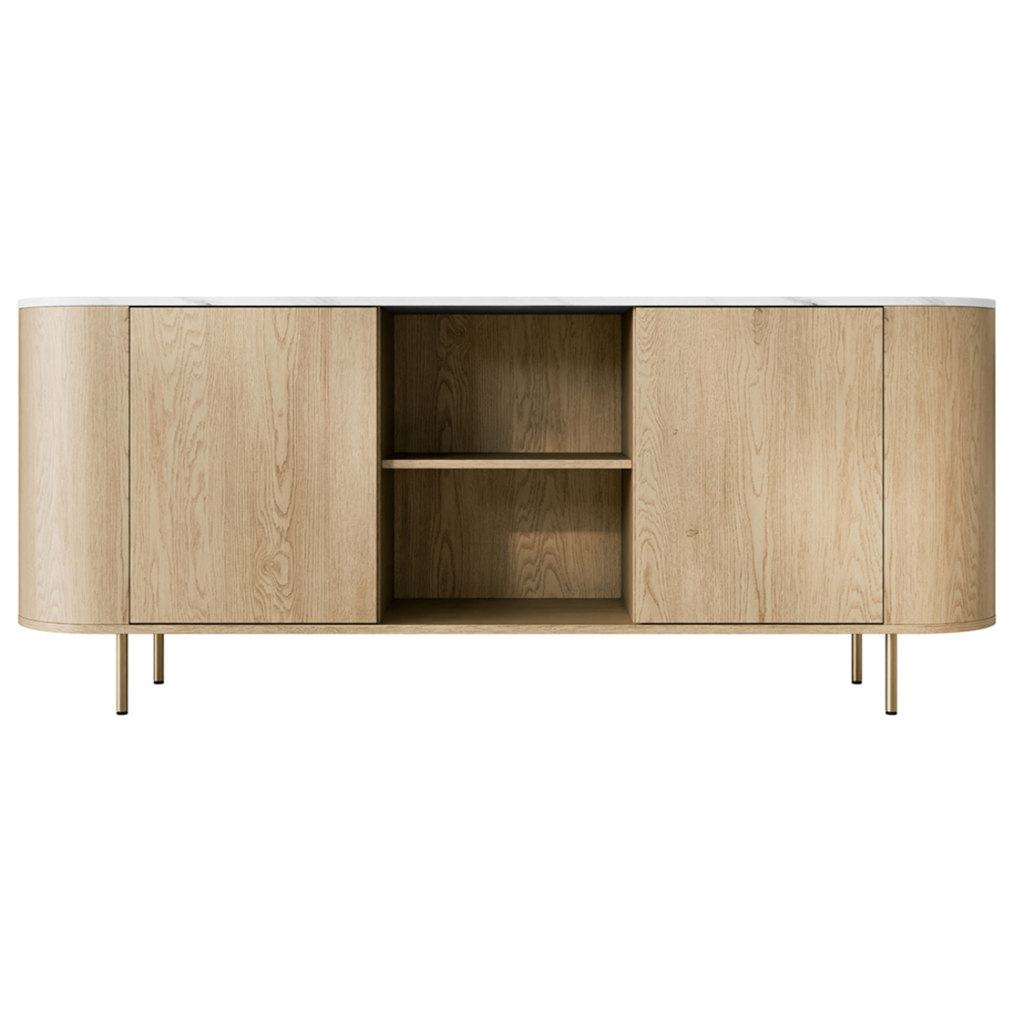 Sansa - buffet bas 184 cm - 2 portes, 2 niches et 2 étagères - plateau effet marbre - Bois / Blanc