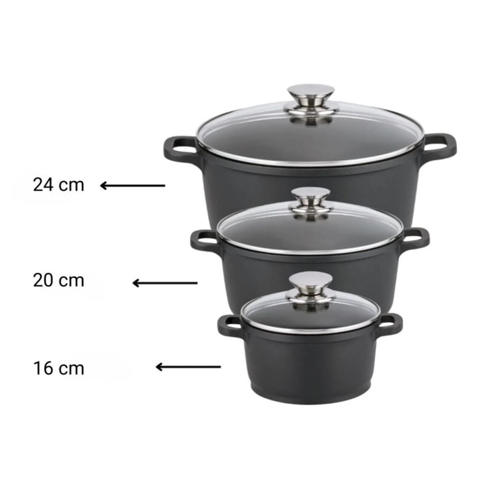 Set de 3 faitouts avec couvercles en verre 16 cm 20 cm et 24 cm Elo Alucast