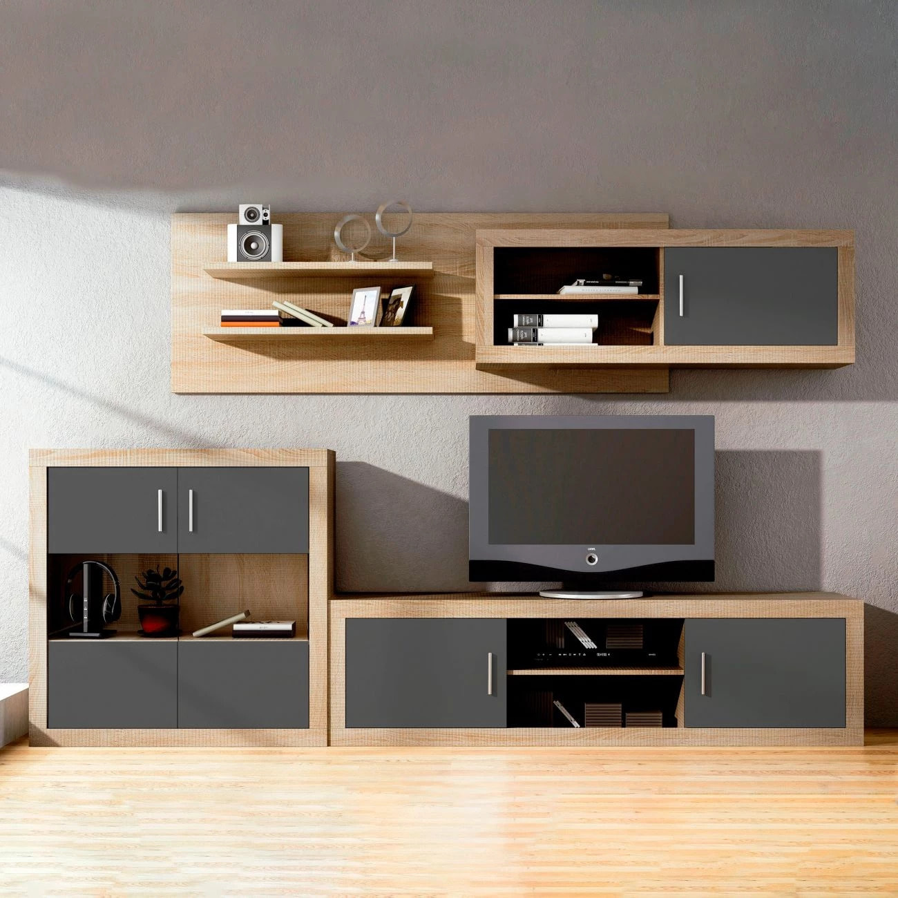 Salón modular con gran capacidad de almacenaje en cambria y grafito 290 cm Nuka V8 Cambria - Grafito