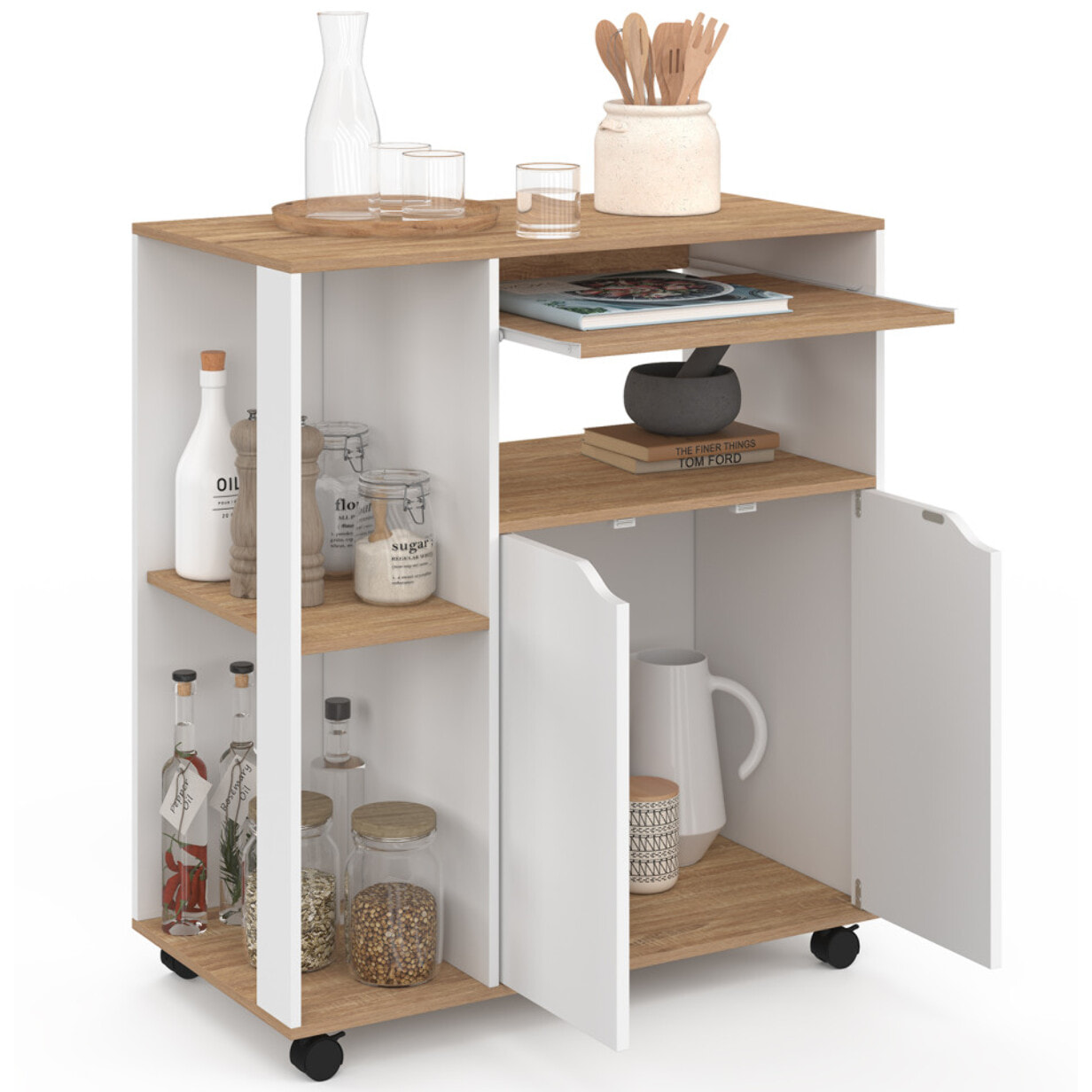 Desserte de cuisine sur roulettes avec rangements blanche