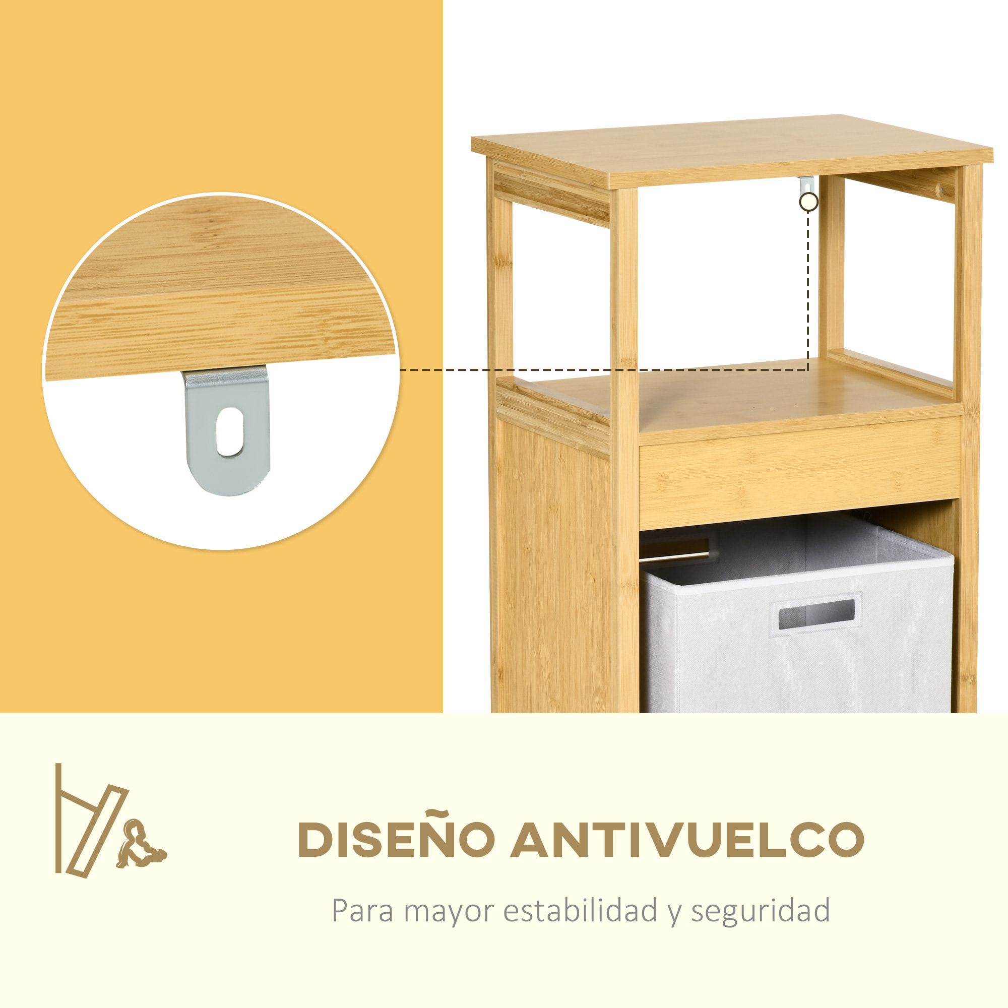 kleankin Estantería de Baño de Bambú Armario para Baño con 2 Estantes y 1 Cajón de Tela Extraíble Mueble Columna de Almacenaje para Salón Cocina 40x30x86,5 cm Natural