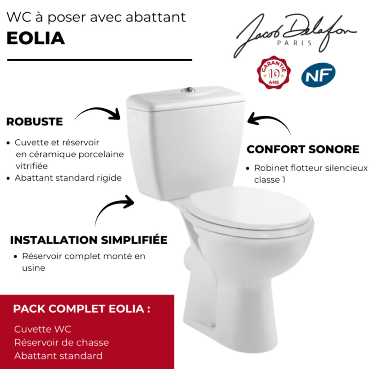 WC à poser sortie horizontale Eolia avec abattant