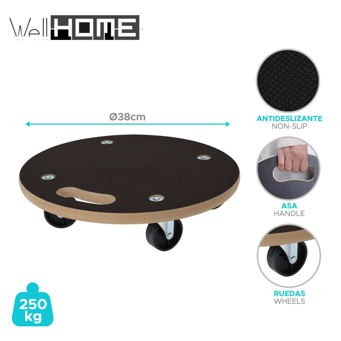 Well home carro de transporte redondo ø38cm con base antideslizante negro