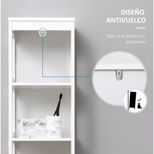 kleankin Estantería de Baño de Suelo de 5 Niveles Mueble Auxiliar de Almacenaje para Cocina Salón Dormitorio Estilo Moderno Antivuelco Carga 30 kg 30x30x140 cm Blanco