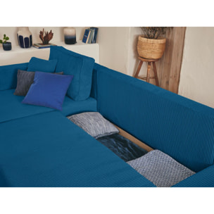 Topaze - canapé d'angle réversible - 4 places - convertible avec coffre - en velours côtelé - Bleu Ardoise