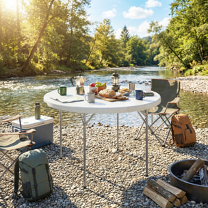 Mesa Plegable Camping, 120x120x74 cm, Mesa Plegable Portátil Ligera con Encimera de HDPE, Almohadillas Antideslizantes, Marco Metálico, para Acampar, Senderismo, Playa, Blanco