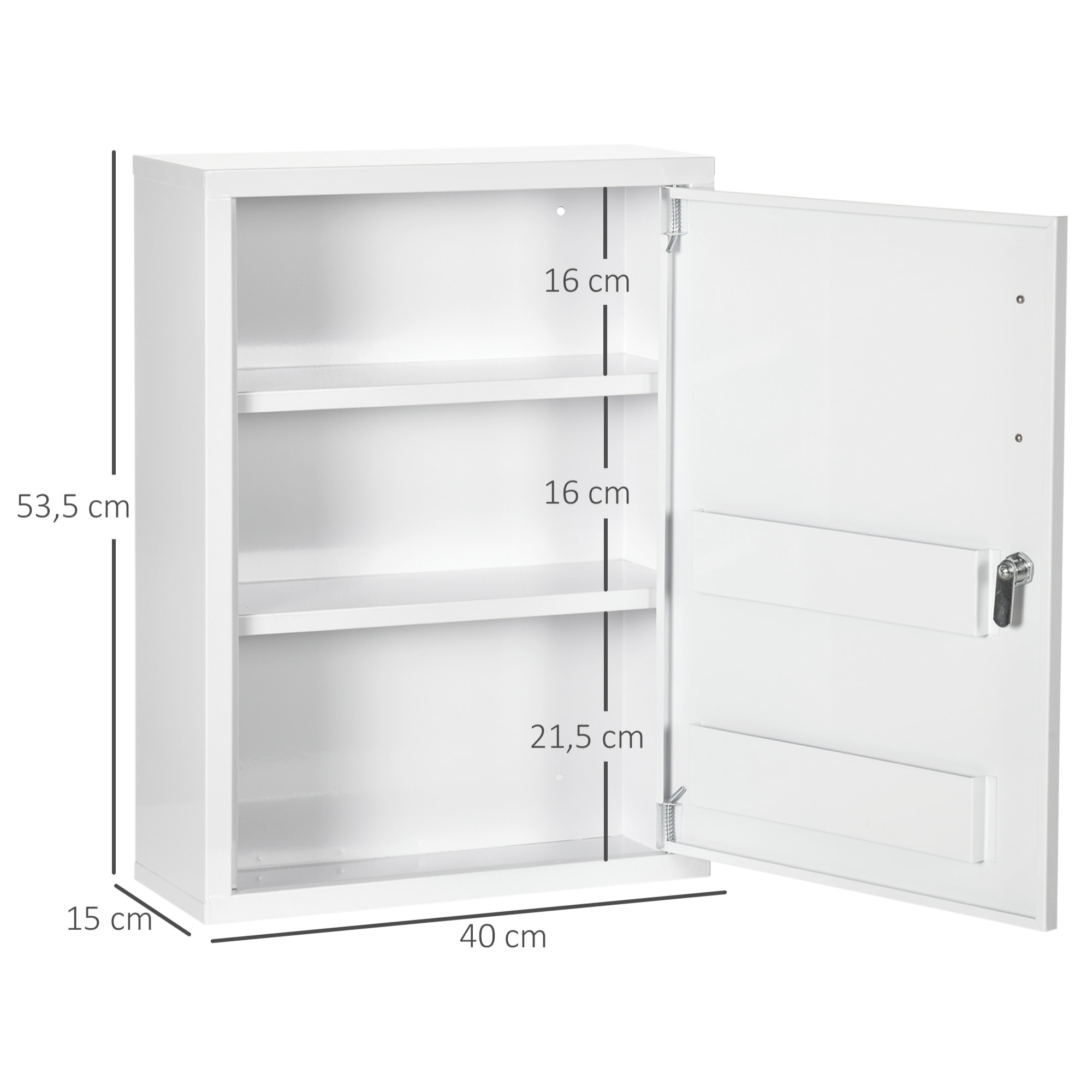 Botiquín de Pared de Acero Botiquín para Medicinas de 3 Niveles Armario de Botiquín con Cerradura y 2 Llaves para Cocina Baño 40x15x53,5 cm Blanco