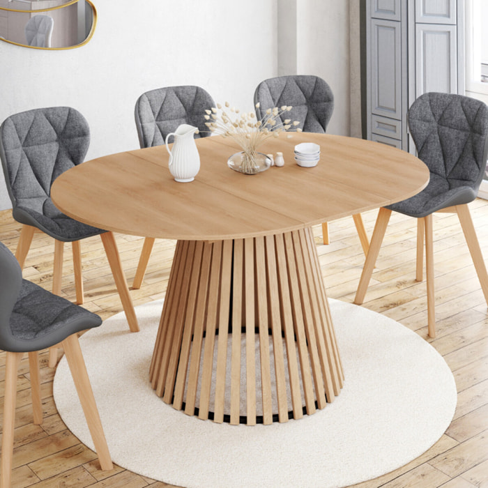 Tables repas Camélia plateau rond extensible 110-150cm et pieds lattes - Bois