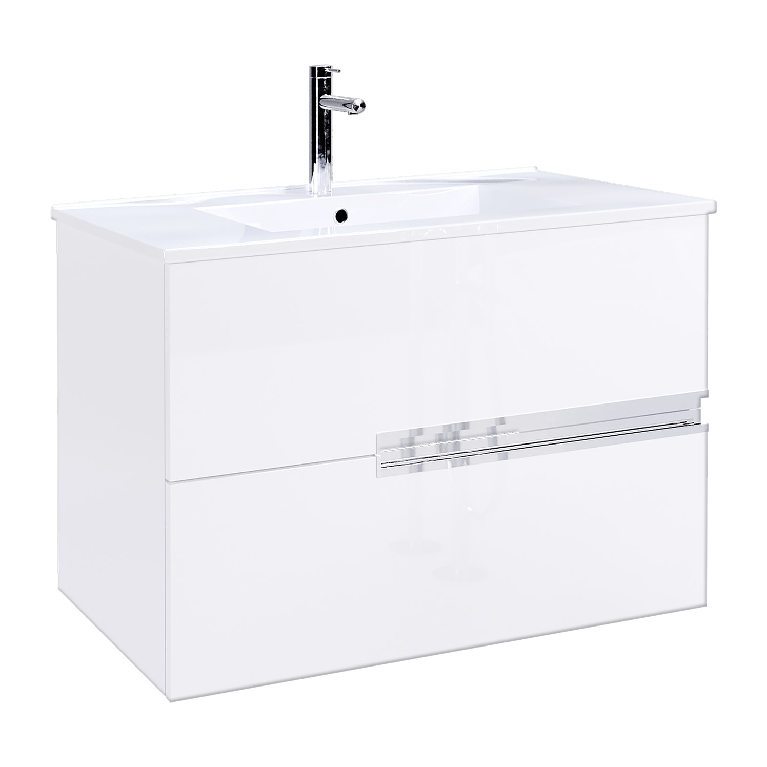 Meuble de salle de bains 80cm Blanc Glossy 2 tiroirs avec Vasque céramique blanche - ONE