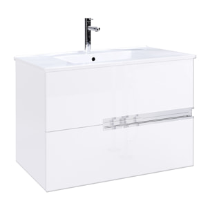 Meuble de salle de bains 80cm Blanc Glossy 2 tiroirs avec Vasque céramique blanche - ONE