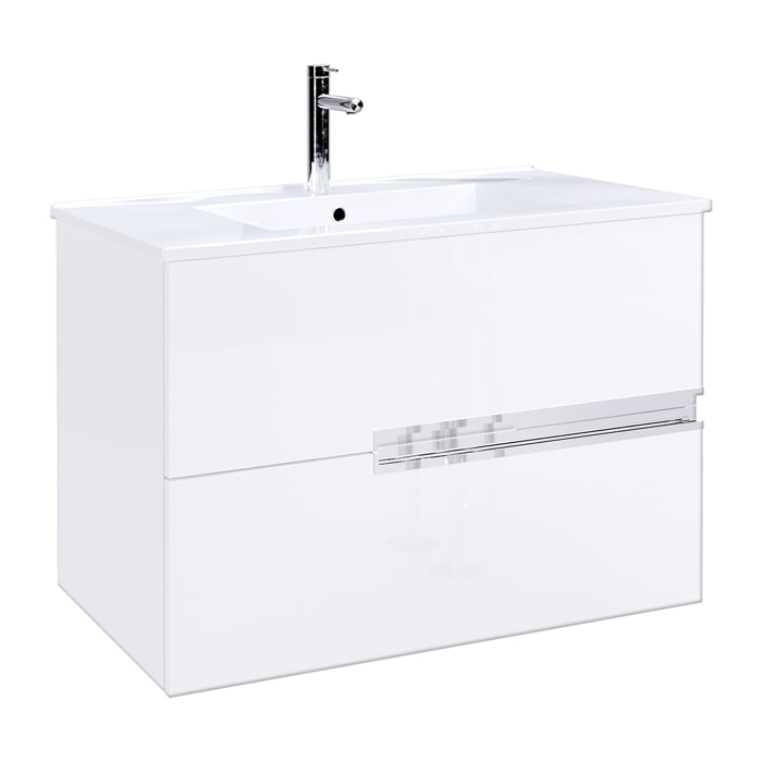 Meuble de salle de bains 80cm Blanc Glossy 2 tiroirs avec Vasque céramique blanche - ONE