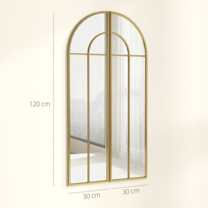 Espejo Decorativo de Pared de 2 Piezas 30x120 cm Espejo de Ventana con Diseño en Arco y Marco de Metal Espejo para Salón Dormitorio Entrada Dorado