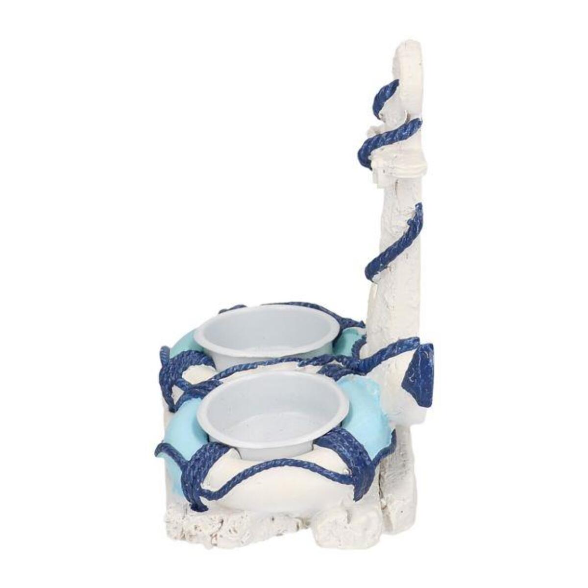 Portacandele mare in resina bianco e azzurro ancora 2 posti cm13x9h13