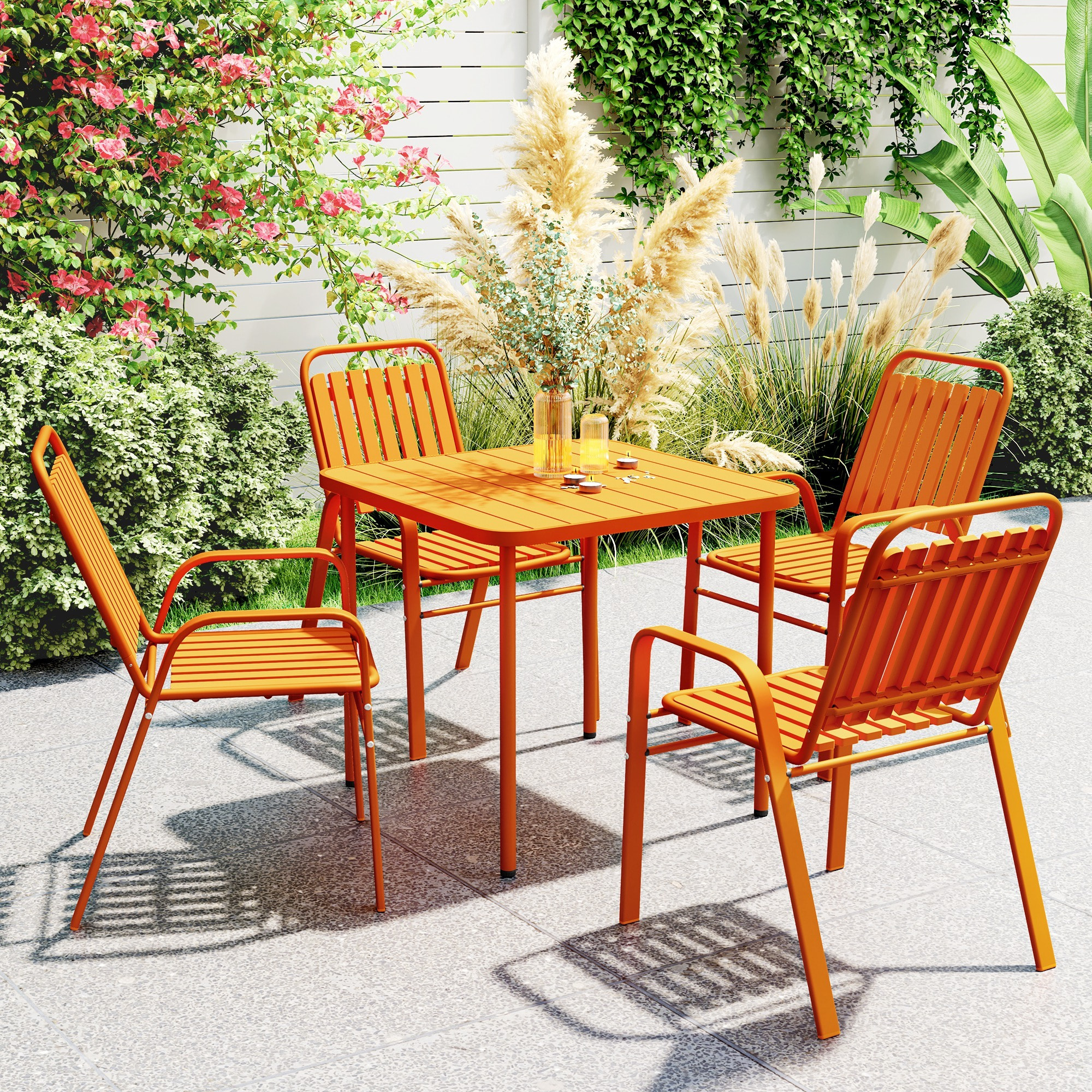 Lot de 4 chaises de jardin empilables design néo-rétro avec hauts dossiers accoudoirs acier époxy orange