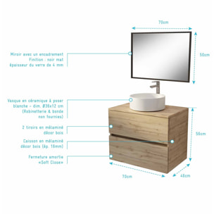 Meuble de salle de bains 70 cm TIMBER Décor Chêne 2 tiroirs Vasque blanche sur plan et Miroir 70x50
