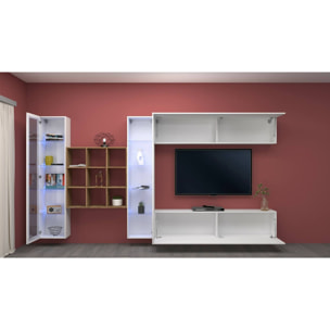 Parete attrezzata Gustavo, Set salotto porta TV a 4 ante, Mobile soggiorno multiuso con vetrina e luce LED, 100% Made in Italy, cm 350x30h180, Bianco lucido