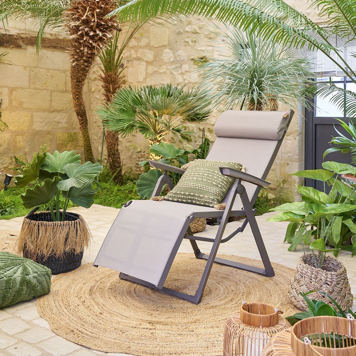 Fauteuil de jardin inclinable "Decima" noisette & praline 8 positions en aluminium traité époxy