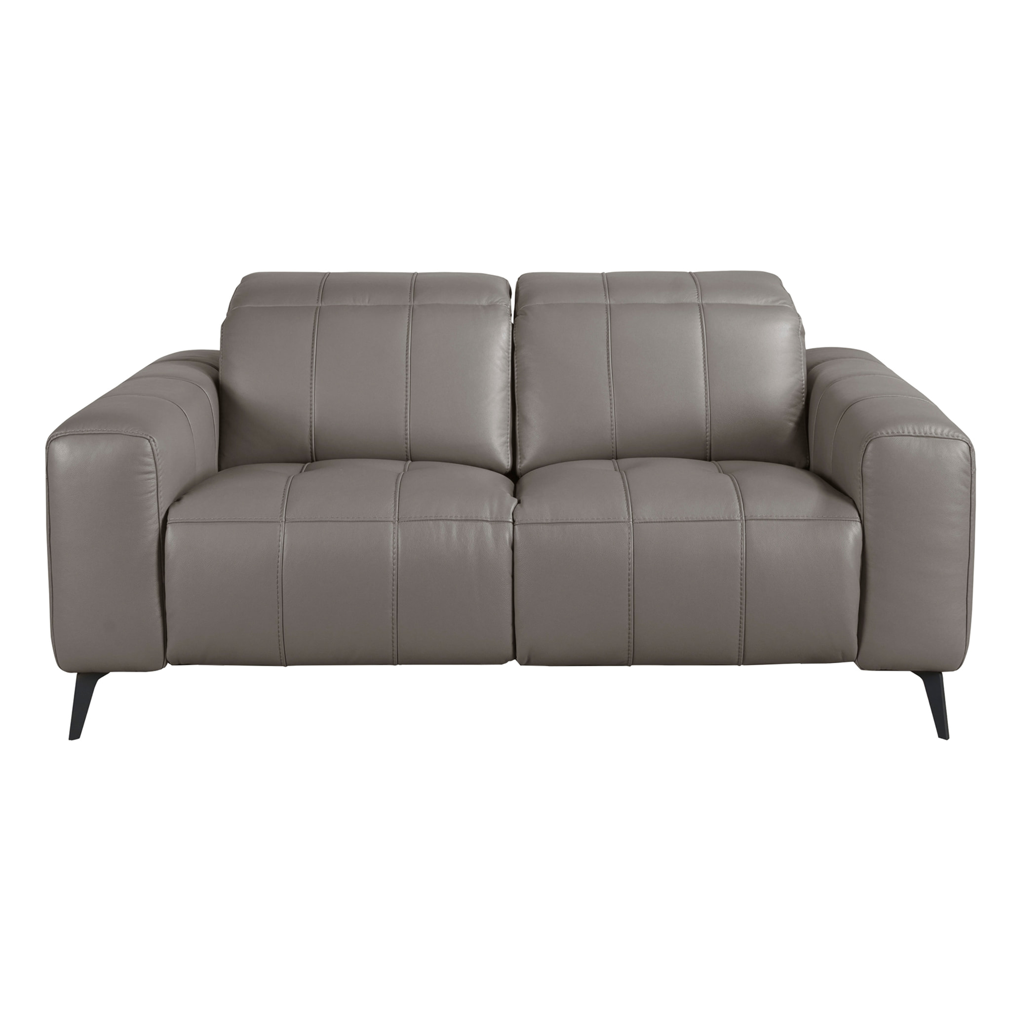 Sofá relax Angel Cerdá de 2 plazas tapizado en piel de origen vacuno en gris con reposacabezas patas de acero inoxidable en epoxi negro 2 sistemas de relax eléctrico 176x110x98cm