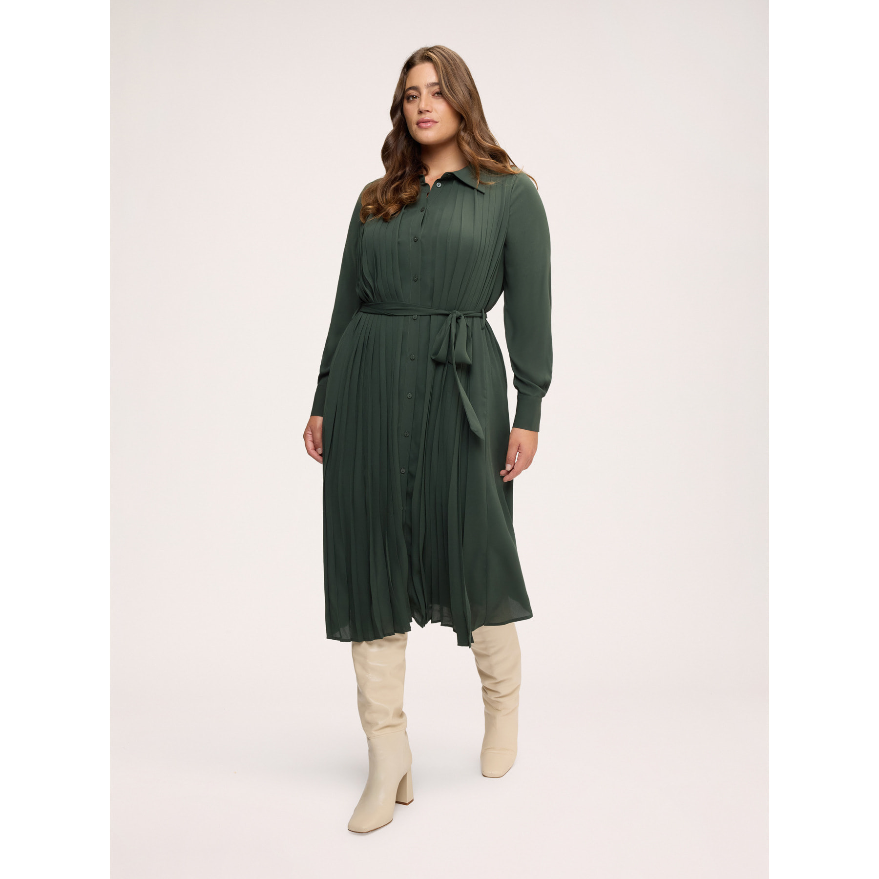 Fiorella Rubino - Vestito lungo chemisier plissé in georgette - Verde militare