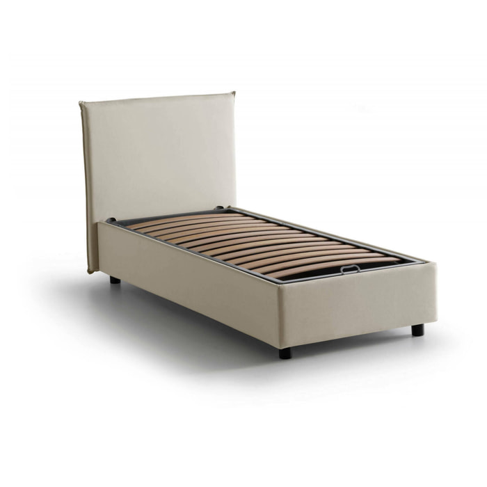 Letto singolo Ajan, Letto contenitore con rivestimento in tessuto, 100% Made in Italy, Apertura frontale, adatto per materasso Cm 90x190, Beige