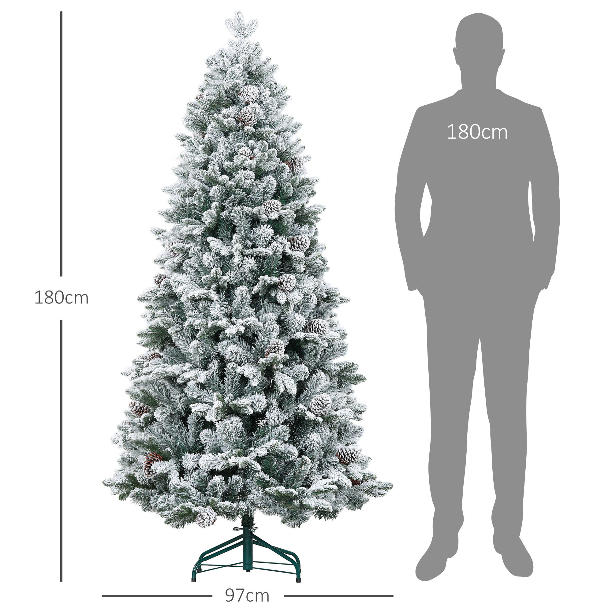 Sapin de Noël artificiel H.180 cm 1489 branches enneigées 33 pommes de pin métal PVC PE vert blanc