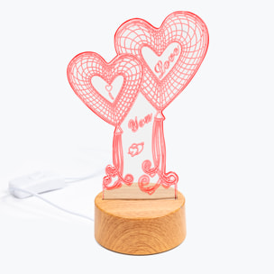 Lámpara ambiental efecto 3D, diseño Love, base efecto madera. Luz LED.