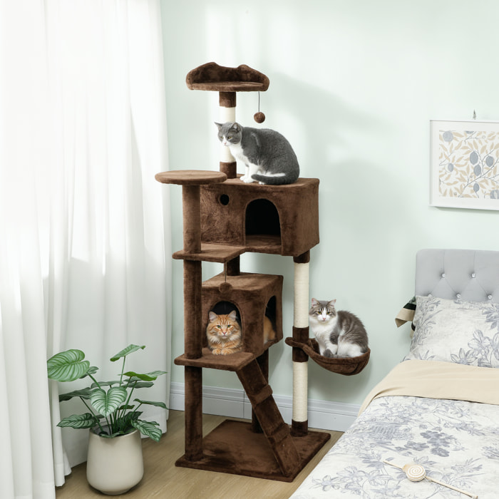 Árbol Rascador para Gatos, Árbol para Gatos 180 cm, Torre Escalador con Múltiples Plataformas, Cama, 2 Cuevas, Hamaca, Escalera, Postes de Sisal, Bolas para Jugar, Marrón