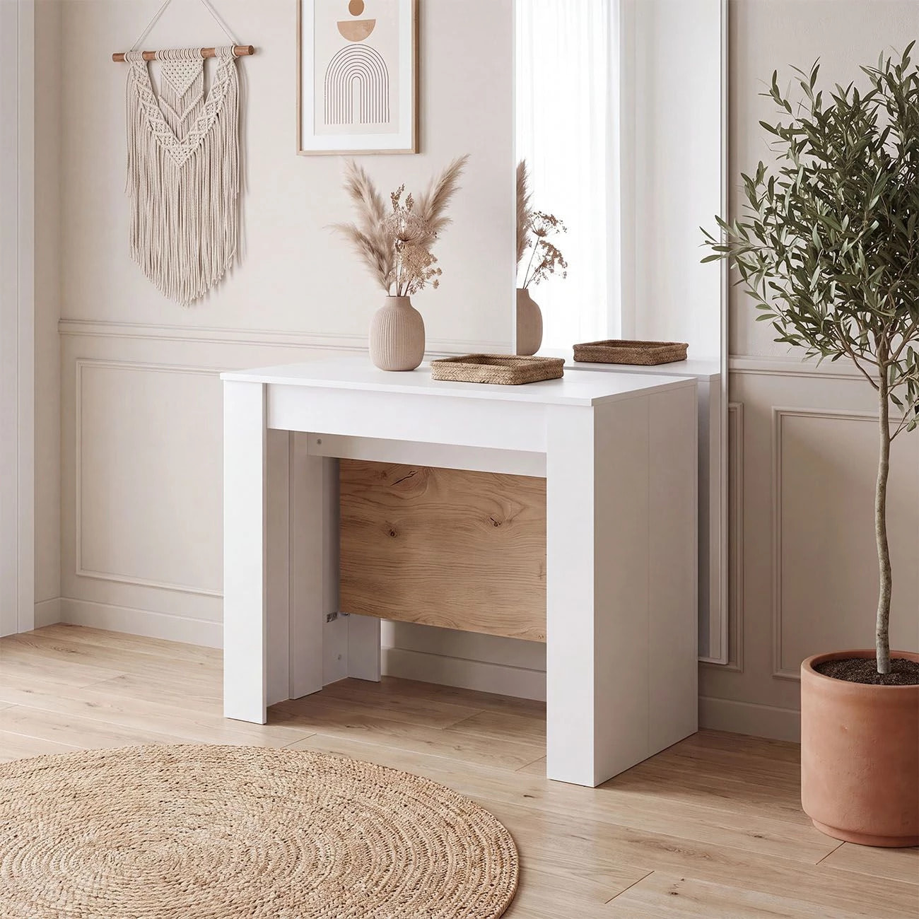 Mesa consola extensible en blanco artik y alpine oak 50-235x90 cm Denis Blanco Artik (Blanco Mate) - Alpine Oak