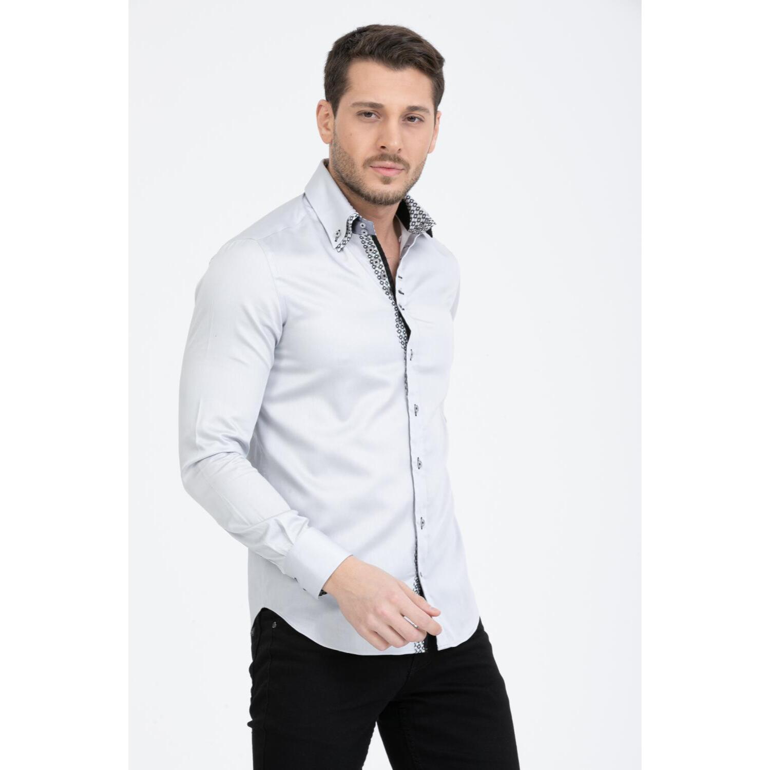 Camicia Uomo 2 Bottoni Button Down 7bottoni Doppio Coll Satin Unito Grigio