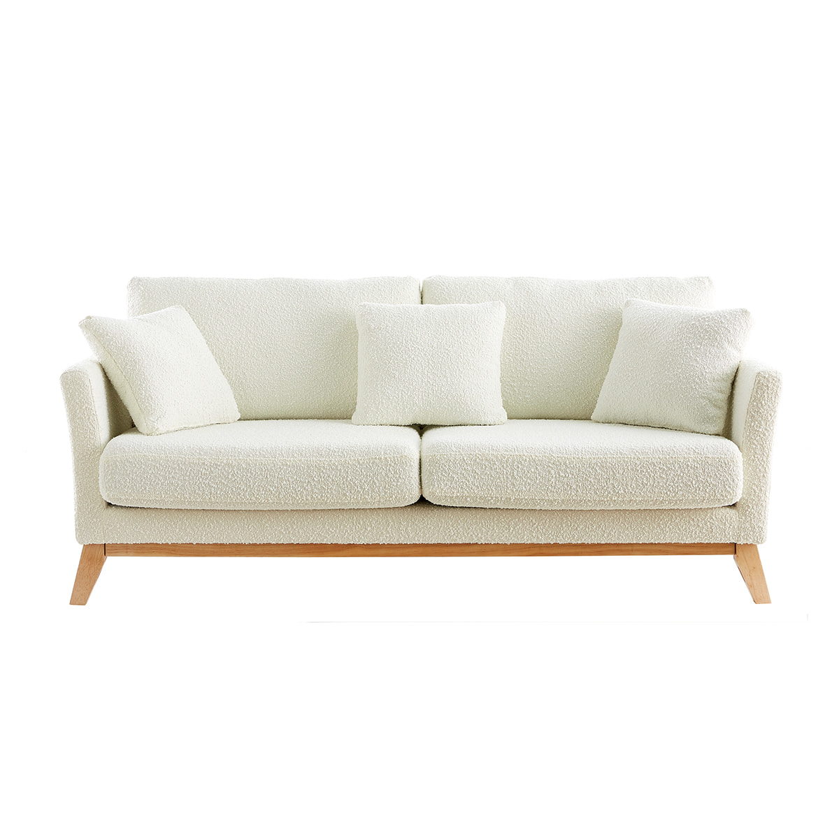 Canapé scandinave déhoussable 3 places en tissu effet laine bouclée blanc cassé et bois clair OSLO