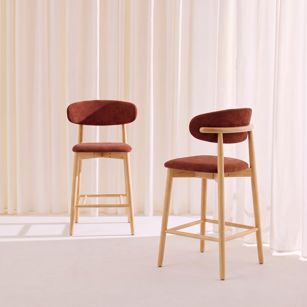 Tabouret de bar bois d'hévéa naturel et tissu chenille (lot de 2)  PAOLA