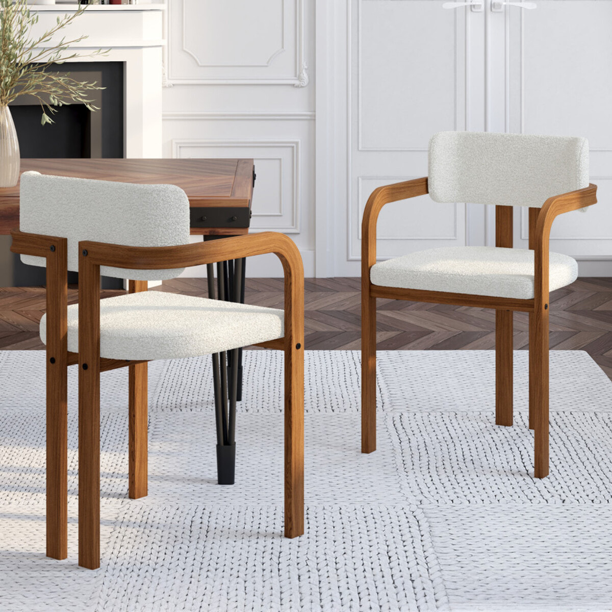 Chaises Elsa avec accoudoirs en bouclette et pieds métal effet noyer - lot de 2