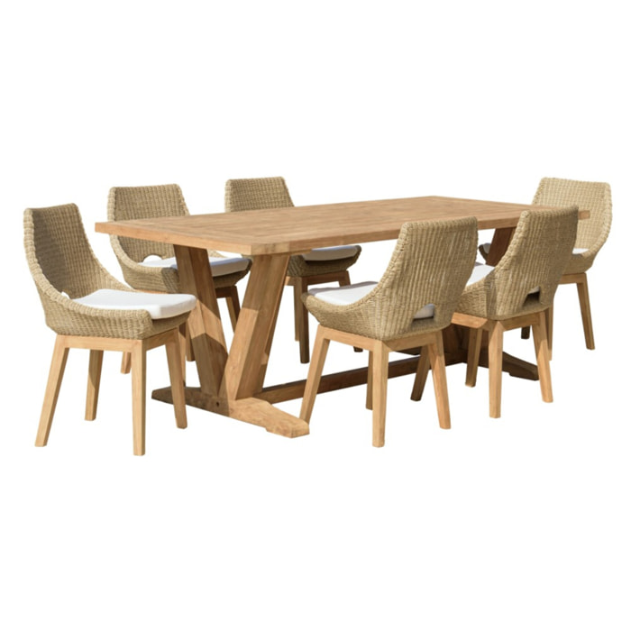 KALLY - Ensemble de jardin (table et chaises) en bois teck recyclé et rotin synth. 6 pers