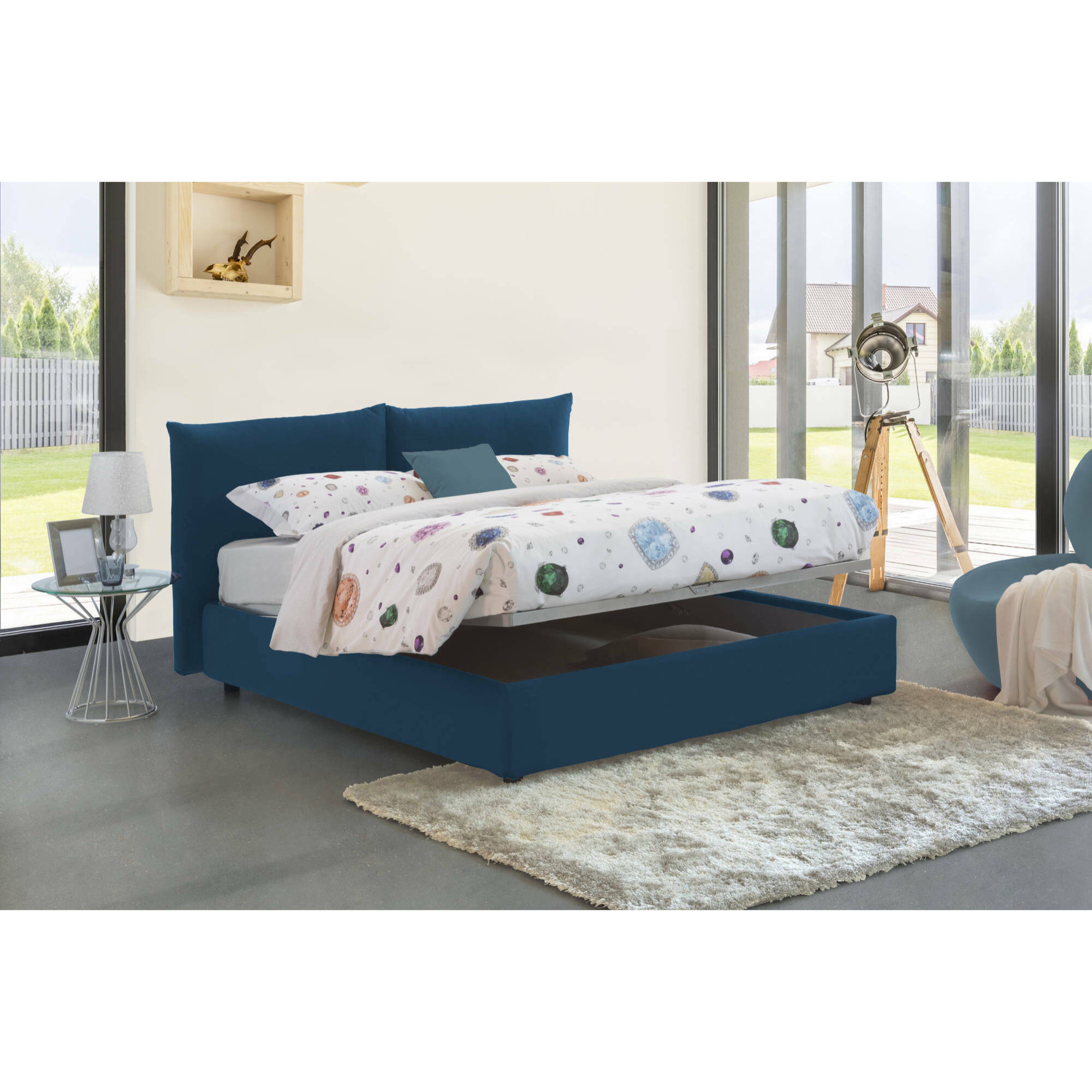 Letto matrimoniale Tiziana, Letto contenitore con rivestimento in tessuto, 100% Made in Italy, Apertura frontale, adatto per materasso Cm 160x190, Blu