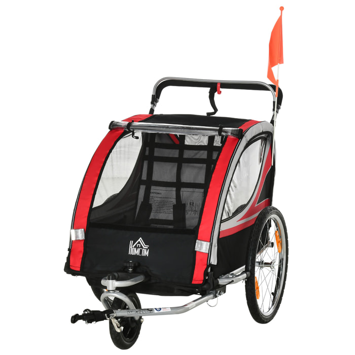 Remorque vélo jogger 2 en 1 pour enfant drapeau roue avant pivotante réflecteurs et barre d'attelage inclus rouge noir