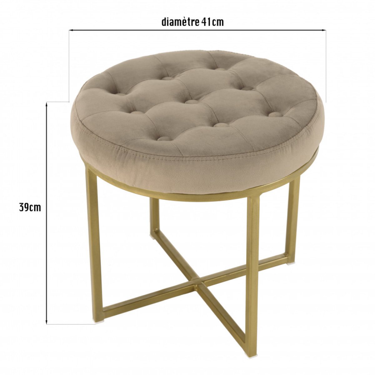 ALBANE - Tabouret rond 41x41cm velours taupe avec boutons pieds croisés métal doré