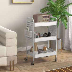 Carrito Auxiliar con Ruedas de Acero Carrito de Almacenamiento con 3 Cestas 2 Cajas Colgantes y 6 Ganchos para Salón Cocina Baño 53,5x30,5x75 cm Blanco