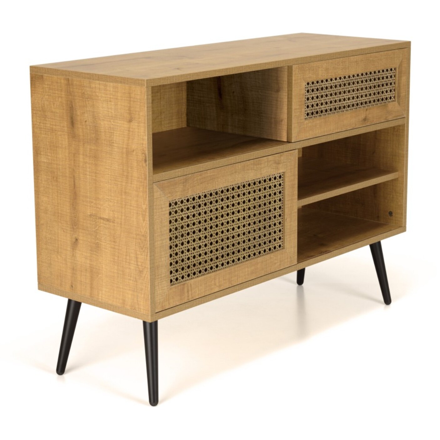 CHARLIE - Buffet bas marron 3 niches 2 portes effet cannage pieds métal