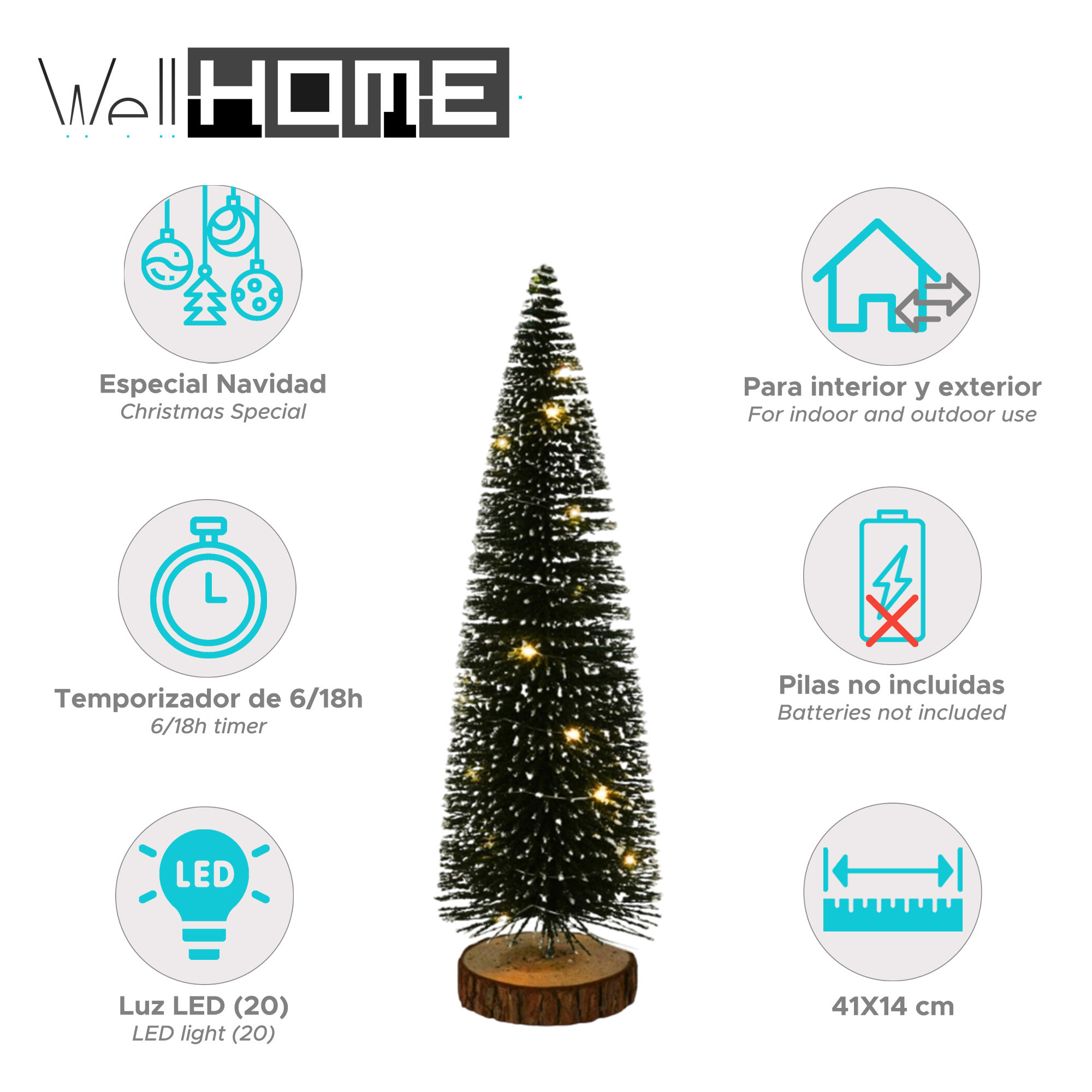 árbol navideño con 20 luces led blancas cálidas y temporizador - 14x14x41cm