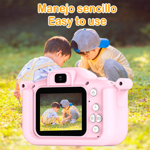 Cámara infantil de fotos y video. 44mpx y video FHD, zoom digital 8x. Cámara trasera para selfies, juegos incorporados. Funda de silicona diseño panda.
