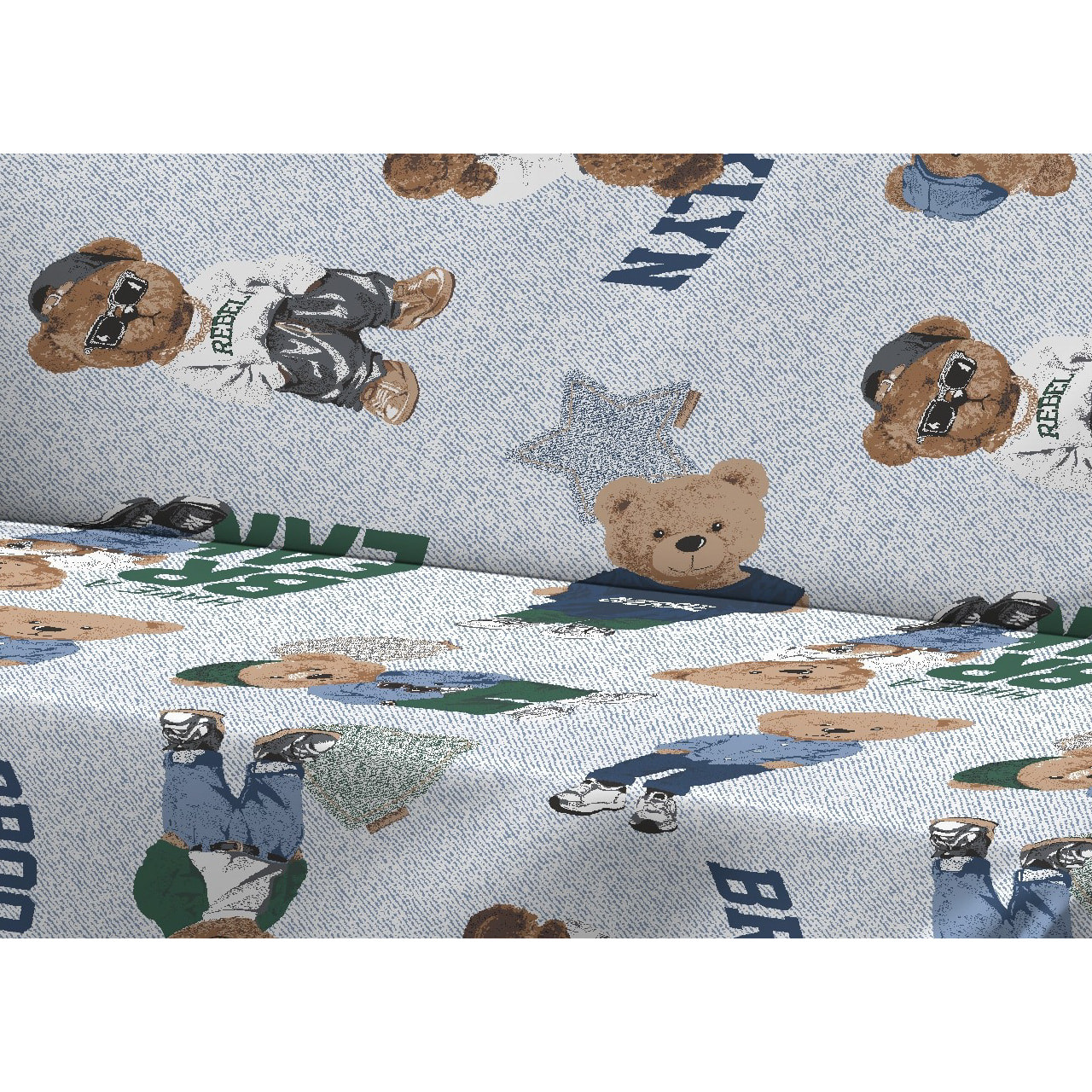 Telo Arredo Copritutto Grand Foulard Copridivano Copriletto 100% Cotone Disegno Teddy Azzurro