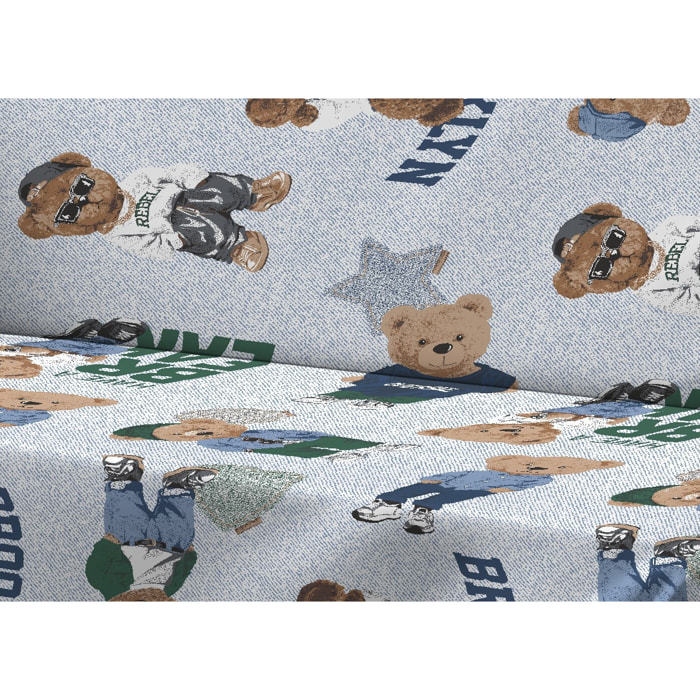 Telo Arredo Copritutto Grand Foulard Copridivano Copriletto 100% Cotone Disegno Teddy Azzurro