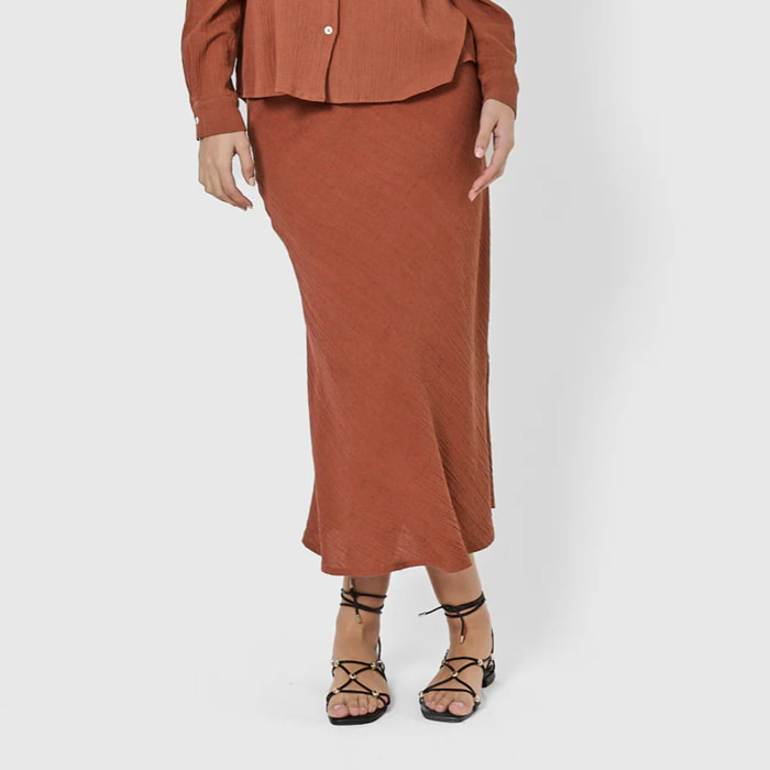 Falda midi evasé algodón lino rosette